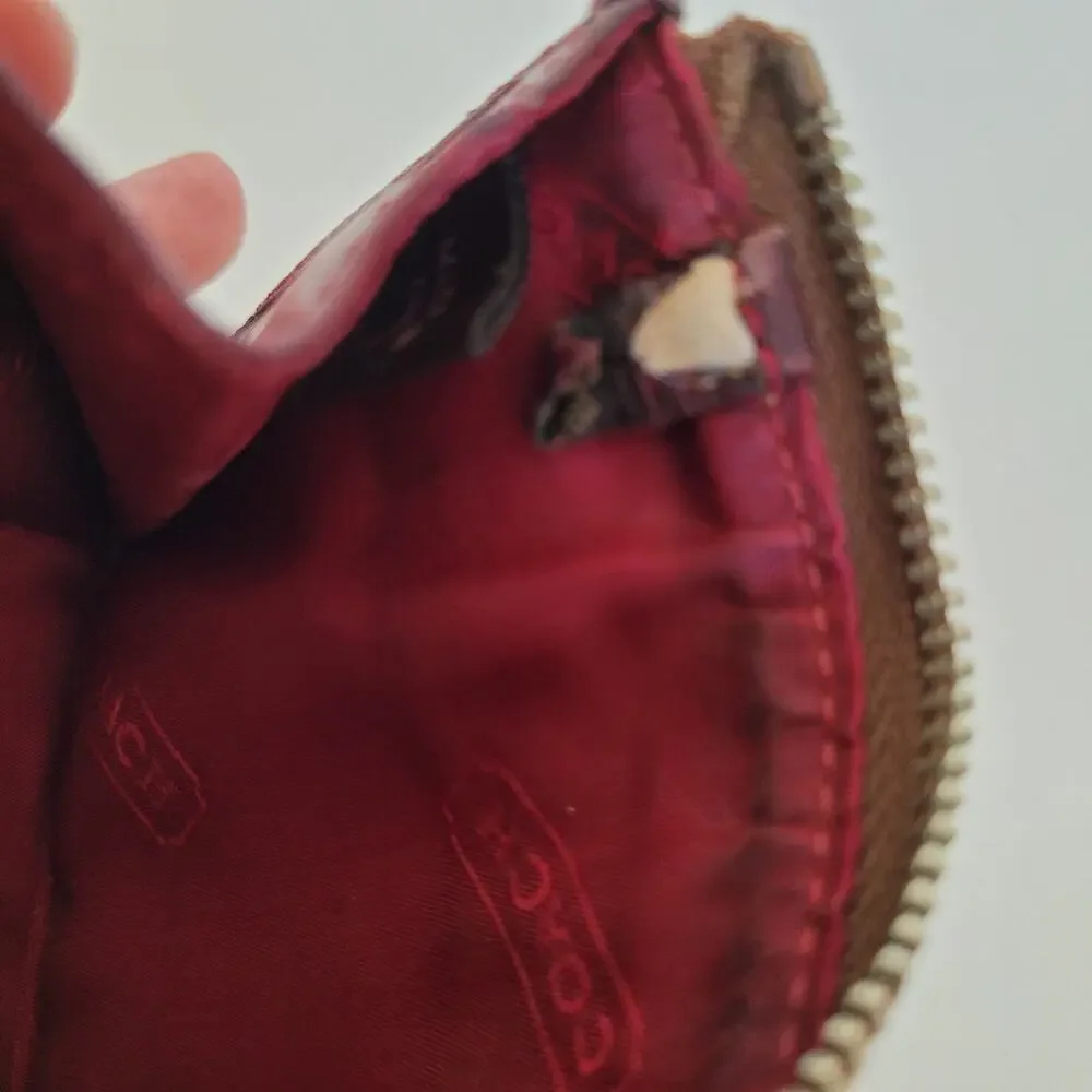 COACH‎ Skinny Key Card Case Small Wallet Canvas Leather Zip Beige Logo Fair